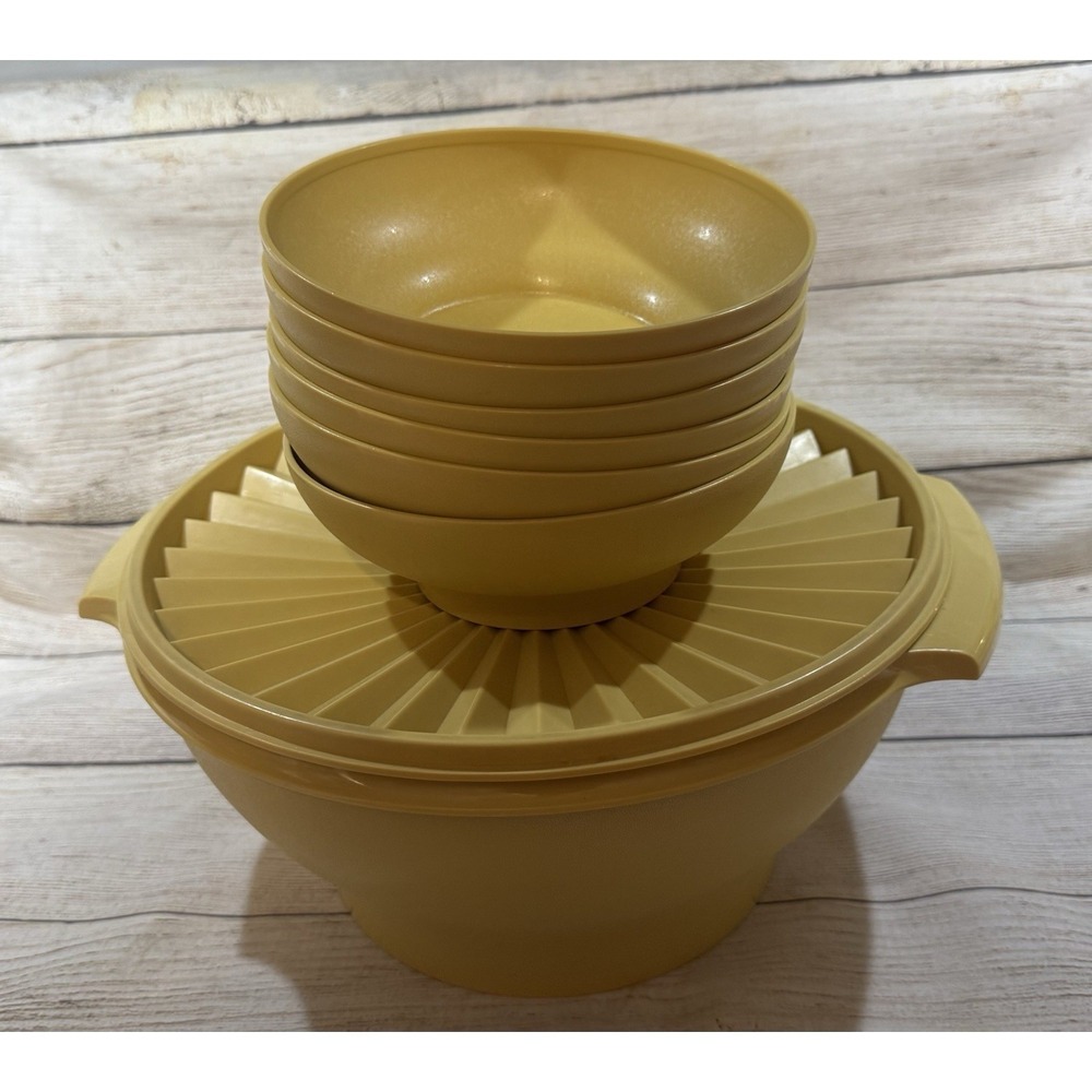 Vtg Tupperware Servalier Gold Set Salad Cereal Bowls 890 & Large Bowl 880 w/Lid